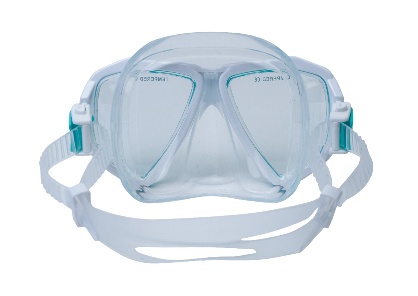 Clear diving mask with blue accents on a white background