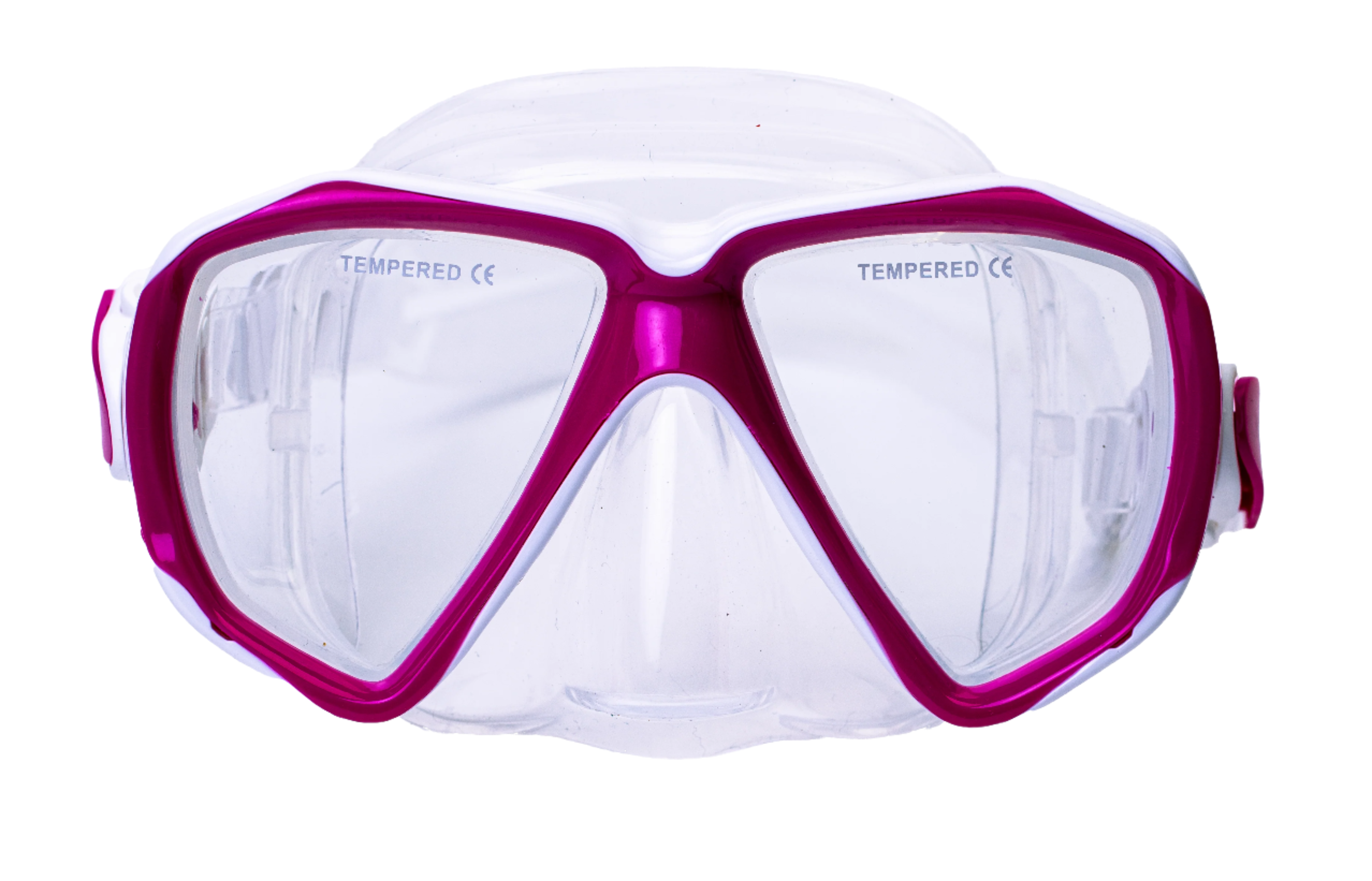 White diving mask with pink frame on a white background