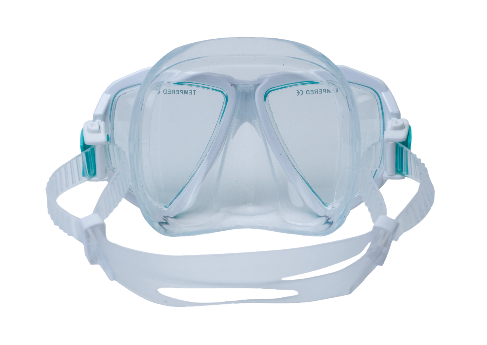 Clear diving mask with blue accents on a white background