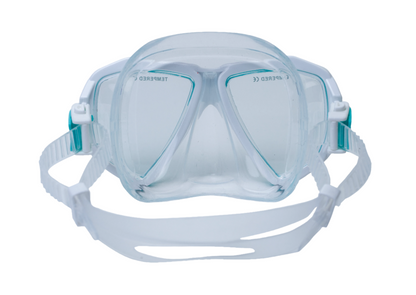 Clear diving mask with blue accents on a white background
