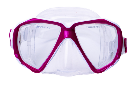 White diving mask with pink frame on a white background